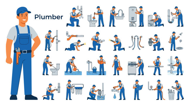 Professional plumber character set, maintenance worker repairing pipes and bathroom fixtures, plumbing service technician vector illustrations