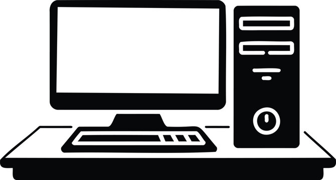 Computer monitor on desk with keyboard and tower  office technology setup