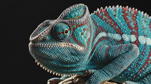 Close-up of a vibrant blue panther chameleon with red stripes, resting on branch against black background