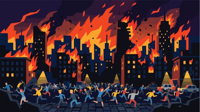 Terrified crowd fleeing night city fire vector. Apocalyptic burning buildings and running people. Chaos and evacuation from downtown danger concept.