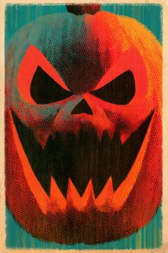 Spooky Jack-o'-Lantern with Fiery Grin and Teal Background