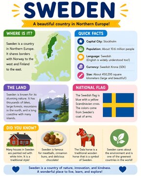 Sweden infographic kids country facts with map flag culture travel education poster