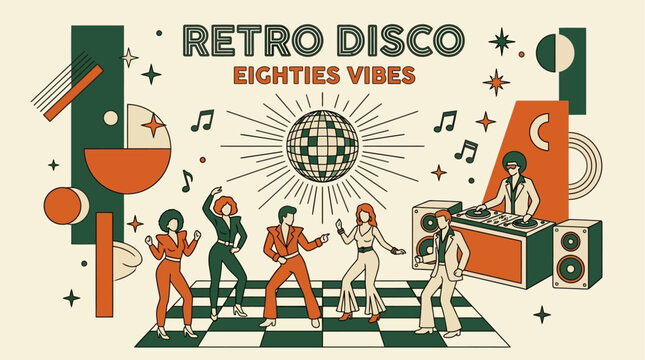 Vibrant Retro Disco Party Scene Featuring Eighties Music Vibe on a Vintage Dance Floor with Neon Lights and Festive Club Atmosphere for Nostalgic Nightlife Celebration