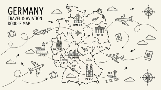 Minimalist Vector Illustration of Germany Travel Map with Hand Drawn Doodle Elements Featuring Aviation Concepts Airport Terminals and European Tourism Landmarks in Clean Linear Artistic Style