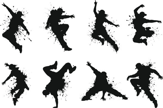 Breakdance Dancer Silhouette Vector Collection with Dynamic Hip Hop Dance Poses and Grunge Splatter