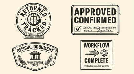 Fototapeta premium Collection of Red and Blue Rubber Stamp Marks for Document Status Including Approved Tracked Confirmed and Returned Labels for Professional Office Workflow Paperwork Validation