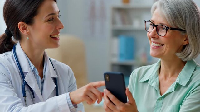 Health care professional shows information on a smartphone to an older patient in a clinic