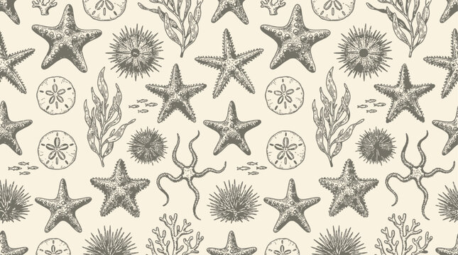 Vibrant orange starfish and diverse marine sea life silhouettes arranged in a repeating pattern on an underwater ocean background ideal for natural coastal textile or aquatic wallpaper design.