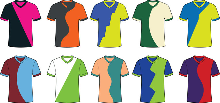 Colorful sports jersey t-shirt vector set featuring modern wavy curves, sharp geometric splits, and vibrant multicolored abstract patterns for team uniform templates.