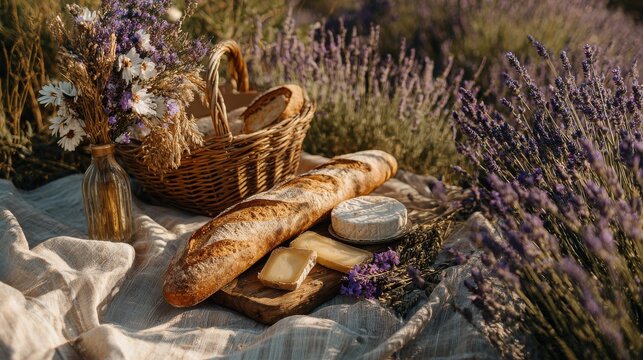 Rustic picnic in a lavender field baguette, cheese, wicker basket with flowers, and bread on a blanket