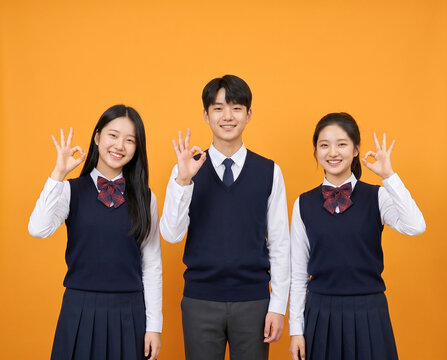 노란 배경 앞에서 손 흔드는 교복 학생들 / Uniformed Students Waving Against Yellow Background