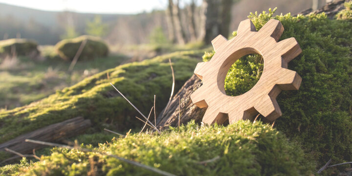 Green technology and sustainable innovation with a wooden gear placed amidst nature and green grass