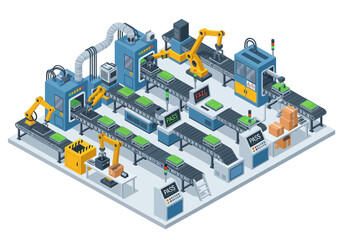 Isometric factory assembly line with robotic arms conveyor belts testing stations and packaging units © Michelle studio