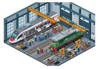 Isometric illustration of a train repair facility with workers servicing a modern highspeed train and a locomotive © Michelle studio