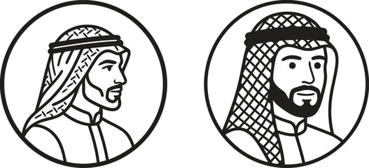 Fototapeta premium Arab man avatar portrait set wearing traditional keffiyeh headscarf in round frames line art vector illustration for profile graphic.