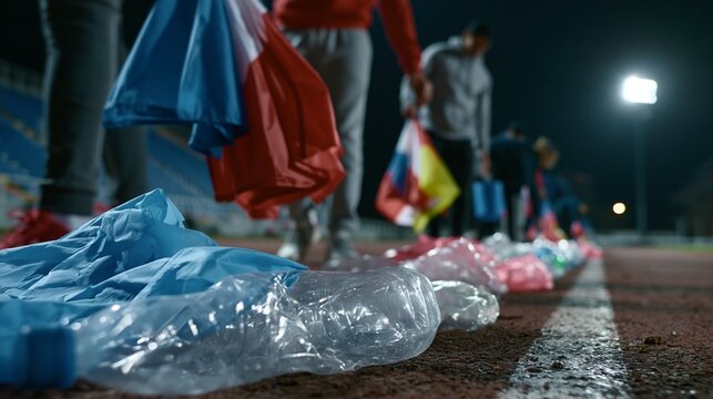 A group of supporters and volunteers collect plastic bottles along the touchline under floodlights, folded flags in national colors, empty stands behind them, calm teamwork and fair play.