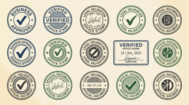 Official corporate document verification pattern with professional business approval stamp symbols, legal certification icons, and security seal illustration for formal paper validation.