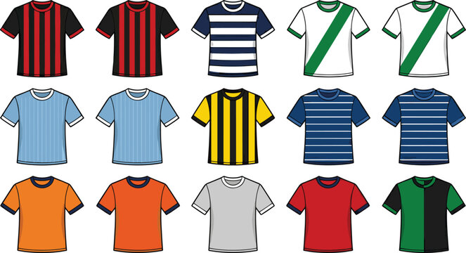Soccer jersey t-shirt vector set featuring colorful football kit templates with classic stripes, sashes, and solid patterns for sports team apparel designs.