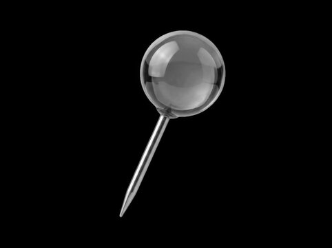 Clear glass pushpin with metallic shaft against a void conceptualizing ideas and solutions Isolated on transparent background