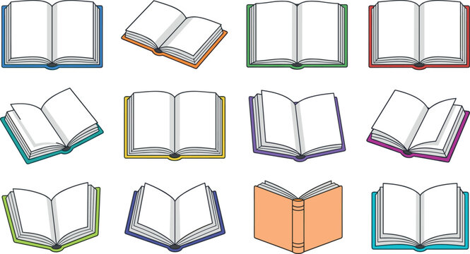Open Book Vector Set with Blank White Pages and Colorful Covers in Different Angles for School Education University Library and Textbook Mockup DesignsOpen Book Vector Set with Blank White Pages and C