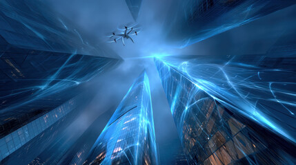 AI-powered drone flying through futuristic skyscrapers. Automation of generation and training of artificial intelligence technology machines, AI.