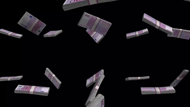 Euro Money, Euro Banknotes Falling On Black Background, EUR Currency Stacks Dark Cinematic, 4K