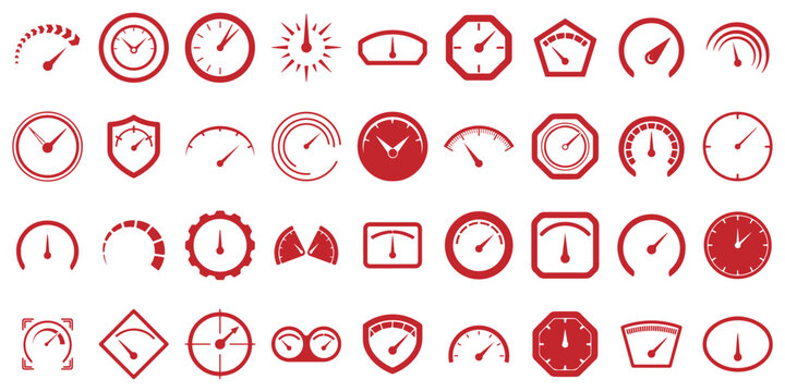 Speedometer icon. Speed indicator icon flat line set. Gauge icon set. Performance control panel symbol. Gauge or dashboard level isolated illustration. eps 10