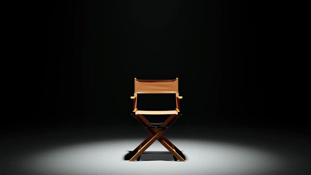 Empty director chair centered under focused spotlight on dark stage, dramatic minimal composition with crisp shadow, warm wood texture, strong contrast, large negative space