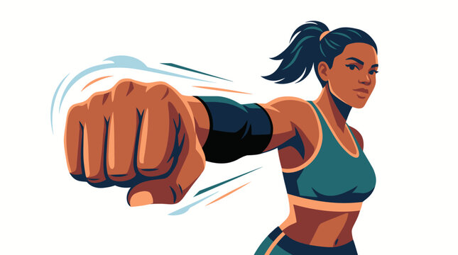 Strong athletic woman throwing a powerful punch in modern flat vector illustration style