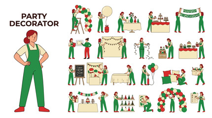 Naklejka premium Professional party decorator character set, event planner woman in green overalls, festive celebration preparation icons for holiday and birthday events