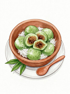 Kipo, Traditional Kotagede Yogyakarta Green Pandan Mini Cake with Coconut Filling, Watercolor Illustration Isolated