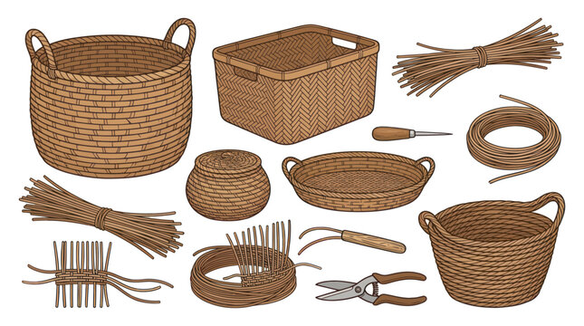 Traditional wicker basket weaving tools and handcrafted containers
