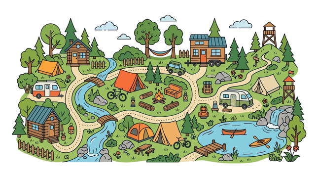 Scenic forest campground with tents cabins trailers and river