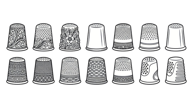 Vintage sewing thimble set with floral and geometric patterns