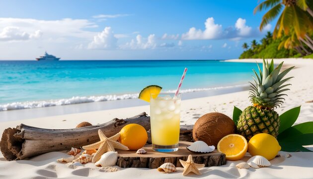 A refreshing summer drink on a white sand beach surrounded by fresh pineapple, coconut, citrus fruits, and seashells, with a luxury yacht on the turquoise ocean background.