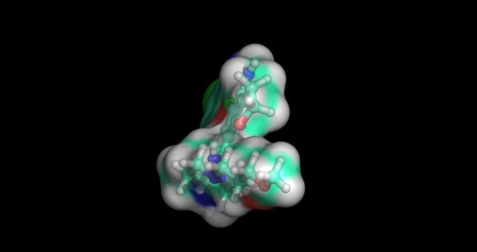Prucalopride, drug for chronic constipation, 3D molecule 4K spinning