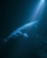 Fototapeta premium A rare goblin shark glides through a dark deep-sea trench, lit by a submersible camera beam that reveals its elongated snout and protrusible jaw. Blue particulate water and faint bioluminescence