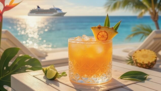 An iced rum cocktail garnished with a pineapple slice on a beach table, with a luxury cruise ship sailing on the sunny turquoise ocean background during a summer vacation.