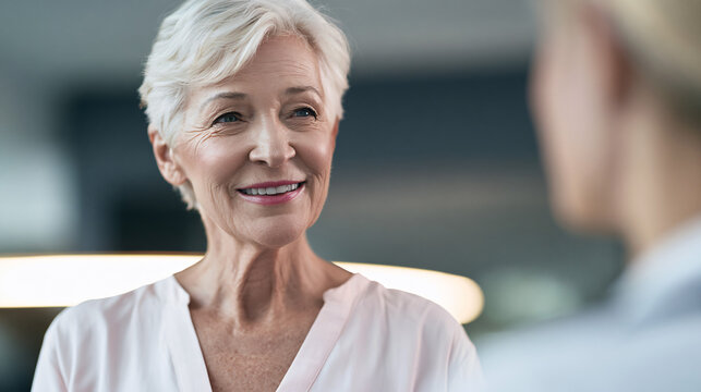 healthy senior woman age 67 discussing wellness plan with healthcare professional, modern clinic environment