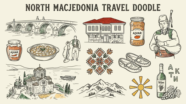 Artistic Minimalist Hand Drawn Doodle Illustrating North Macedonia Heritage Traditional Balkan Cultural Symbols and European Travel Landmarks Sketch