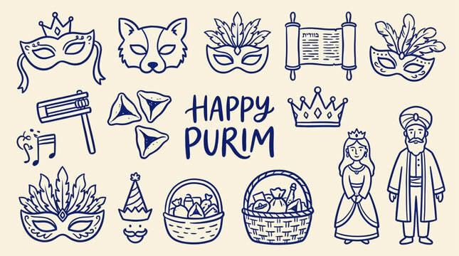 Traditional Jewish Purim Holiday Celebration Colorful Carnival Masks Festive Party Elements Decorative Hamantaschen and Symbolic Accessories for Masquerade Festival Event