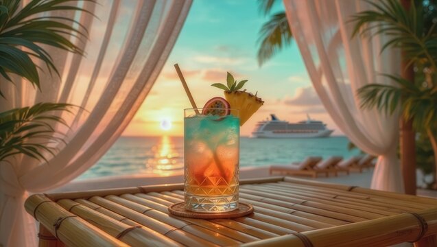 A vibrant layered tropical cocktail on a bamboo table inside a beach cabana, overlooking a golden sunset ocean with a luxury cruise ship and palm trees in the background.