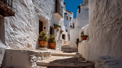 A narrow, sunlit cobblestone street winds through white stucco buildings with terracotta pots. Sunlight creates shadows © dika