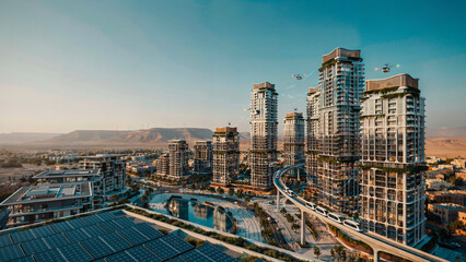 Fototapeta premium Modern luxury apartment complex design featuring greenery and elevated transit rail system.
