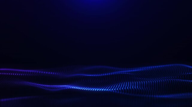 Abstract blue luminous wave landscape with flowing light lines and deep copy space, ideal for futuristic technology backgrounds, digital presentations, and motion graphics.