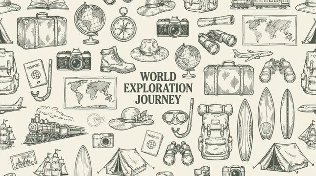 Vibrant Seamless Travel Adventure Pattern Backdrop Featuring Gear Icons like Backpacks, Cameras, and Suitcases for Global Exploration, World Vacation Planning and Tourism.