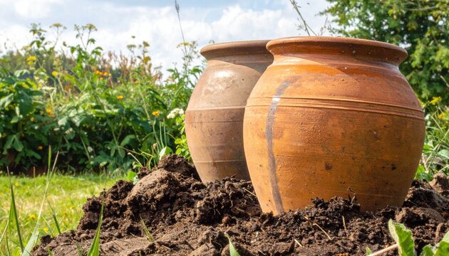 Two large unglazed ceramic storage jars partially buried in rich soil amidst a summer garden with green foliage and a cloudy sky.