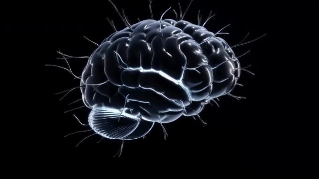 Glossy translucent brain model with radiating filaments, cool rim lighting, lateral view, detailed folds, isolated against deep black background for medical science concept