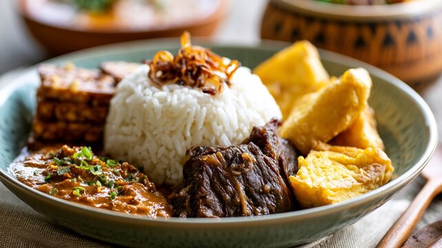 Traditional Indonesian Pecel Rice with Empal Beef, Fried Tofu and Tempeh on Rustic Plate
