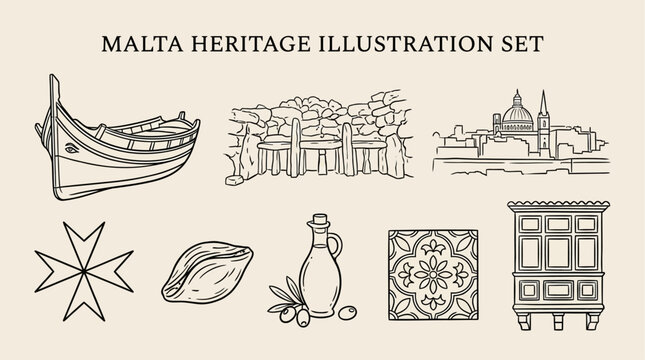 Artistic Minimalist Doodle of Traditional Malta Heritage and Mediterranean Lifestyle Sketch Featuring Iconic Architectural Elements and Cultural Symbols of the Island for Travel Illustration Art